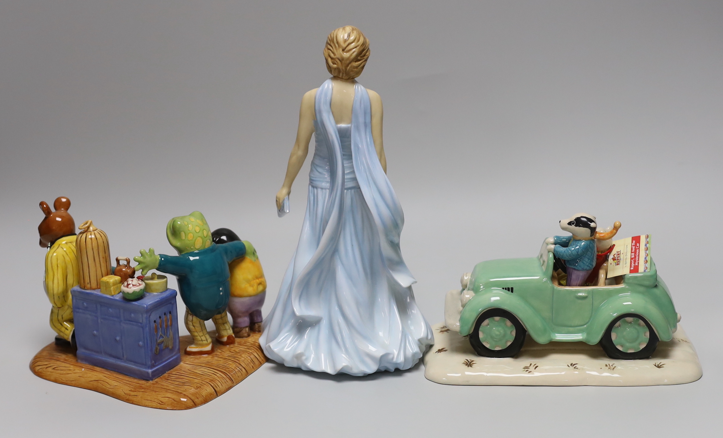 Three Royal Doulton figures - Remembering Diana HN 5856, The Wind in the Willows - Persuading Ratty WW4 56/1000, boxed with certificate and Rupert - Rupert, Bill and the Mysterious Car RB11, 927/2500, boxed with certific